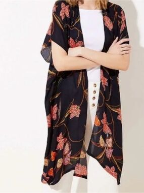 LOFT Black Floral Open-Front Kimono Wrap